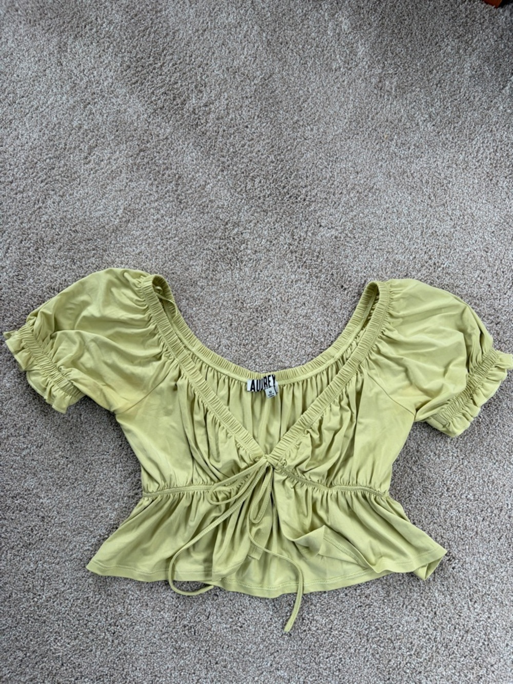 audrey Lime Green Tie-Front Peplum Top with Puff Sleeves
